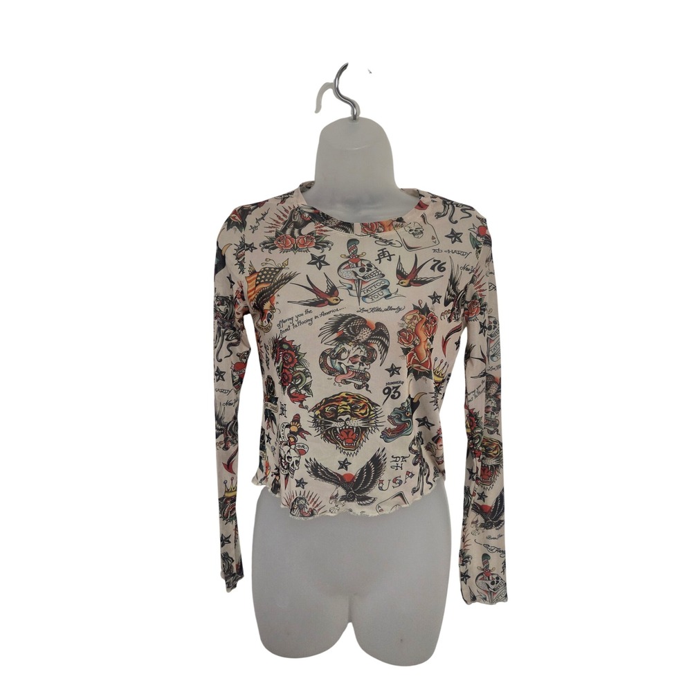 Ed Hardy Women Tattoo Print Mesh Long Sleeve Top Tan Y2K Lettuce Edge Size M